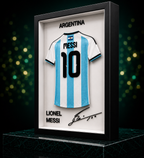 Maillot encadré Messi Argentine — vue de côté, cadre décoration football 3D