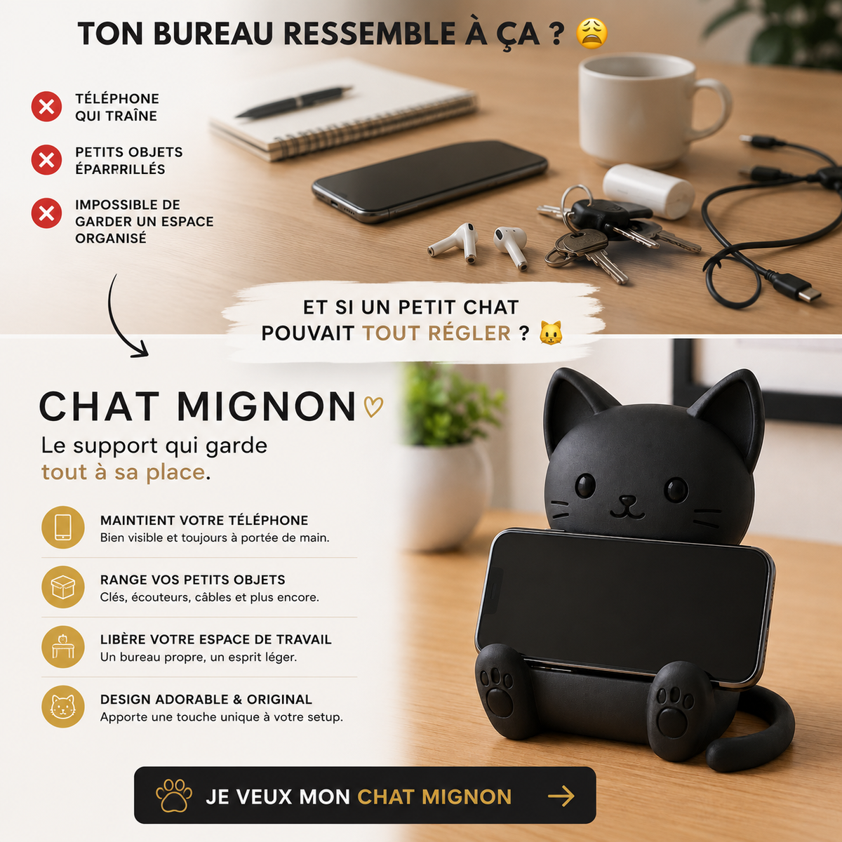 Chat Mignon | Support Téléphone Universel & Organisateur