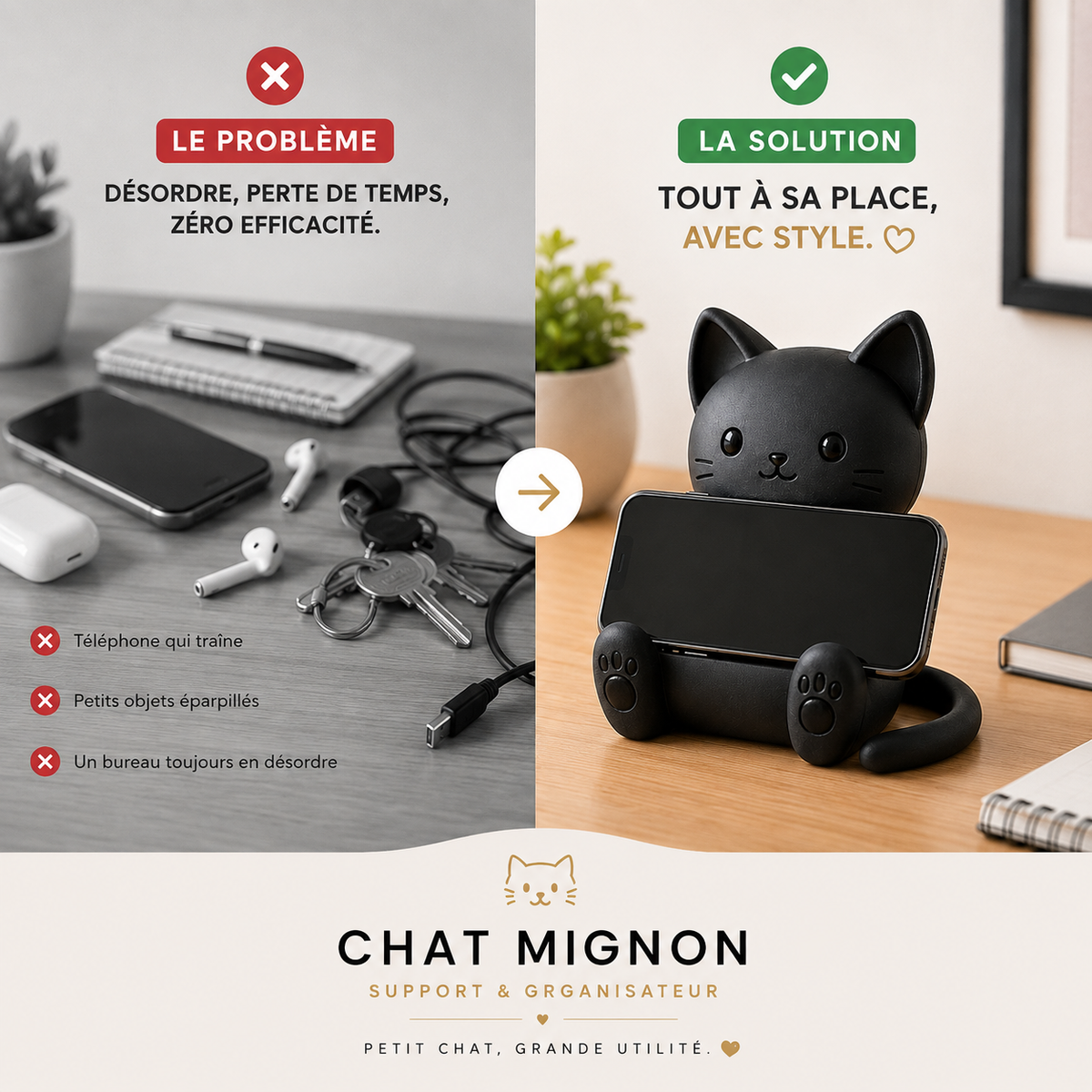 Chat Mignon | Support Téléphone Universel & Organisateur