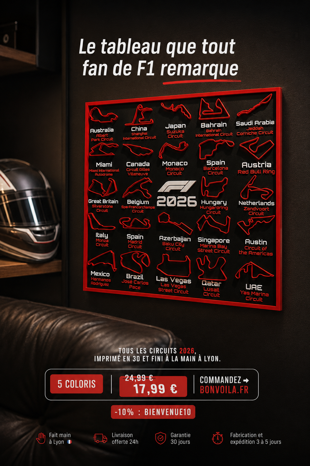 Calendrier F1 2026 | Tableau Circuits — 5 Couleurs