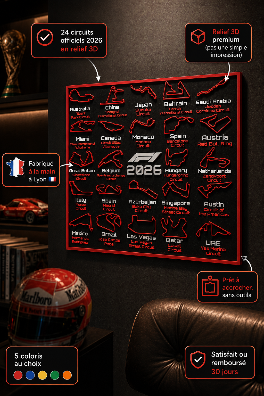 Calendrier F1 2026 | Tableau Circuits — 5 Couleurs