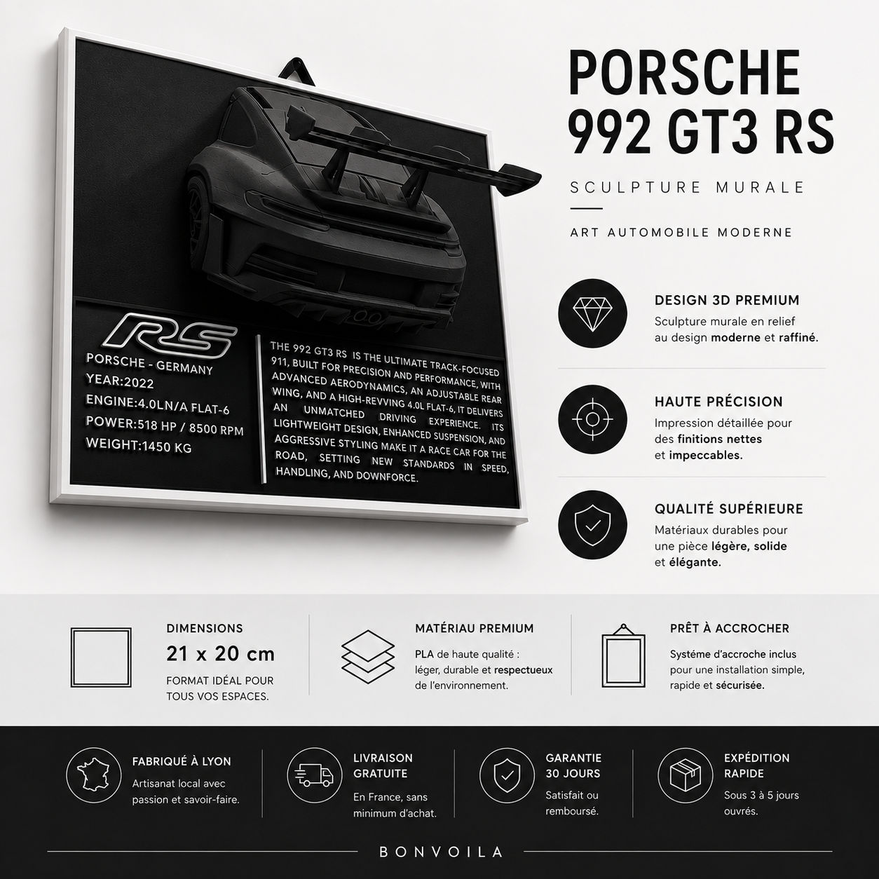 Sculpture Murale Design | Porsche 911 GT3 RS (992) | Art Moderne |