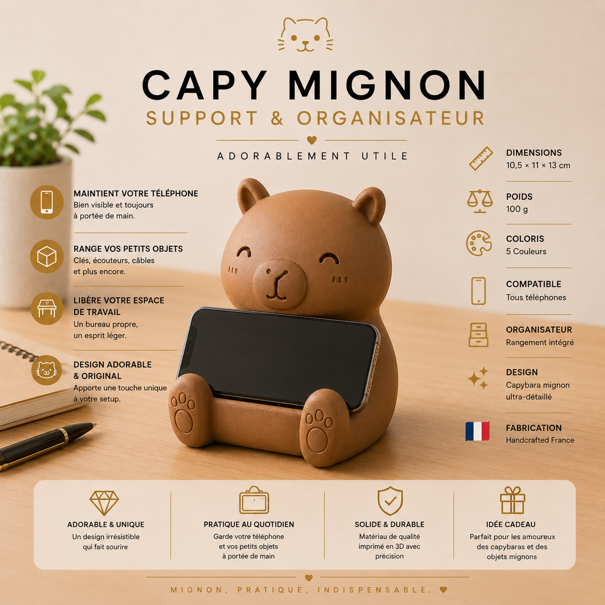 Capy Mignon | Support Téléphone Universel & Organisateur