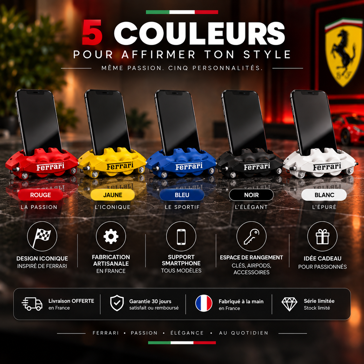 Stand Téléphone Ferrari | Ton Téléphone Mérite une Ferrari — 5 Couleurs