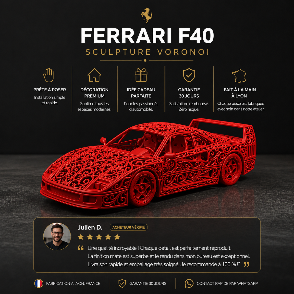 Ferrari F40 Voronoi | Pièce de Collection | Art Moderne | 20 cm