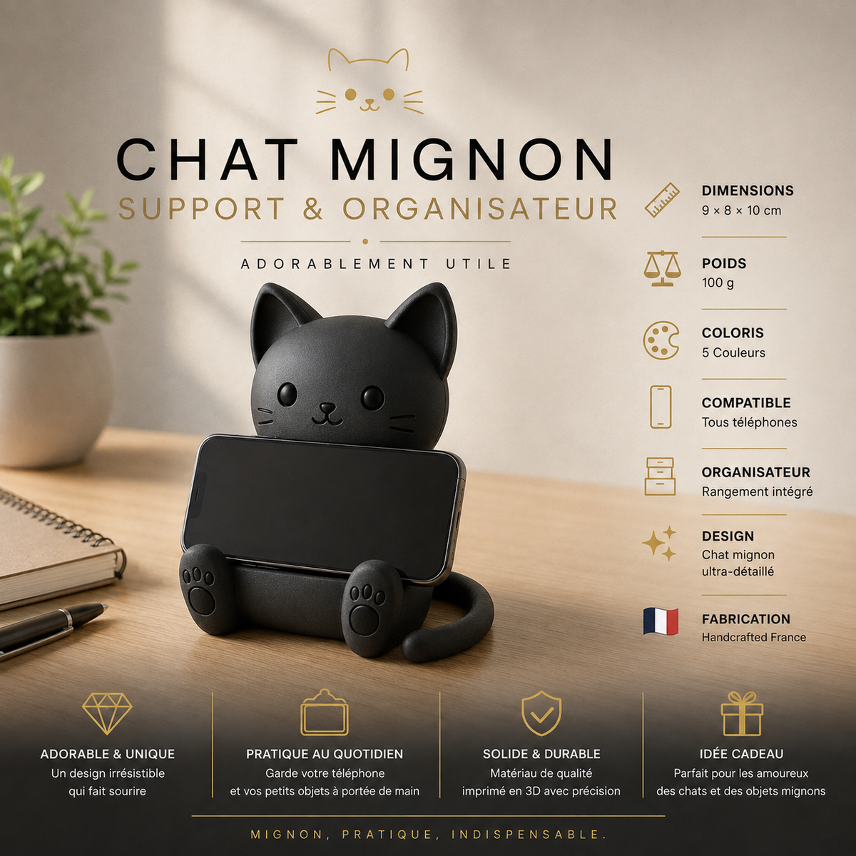 Chat Mignon | Support Téléphone Universel & Organisateur