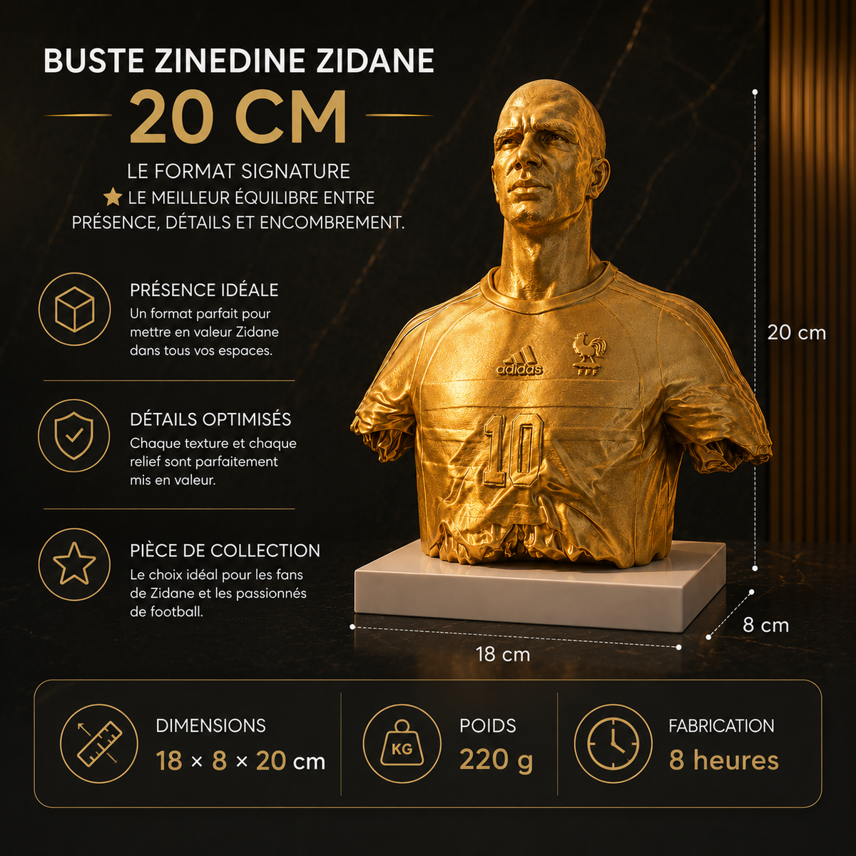 Sculpture Zinedine Zidane 1998 | Art Voronoi | Icône du Football | 15–25 cm