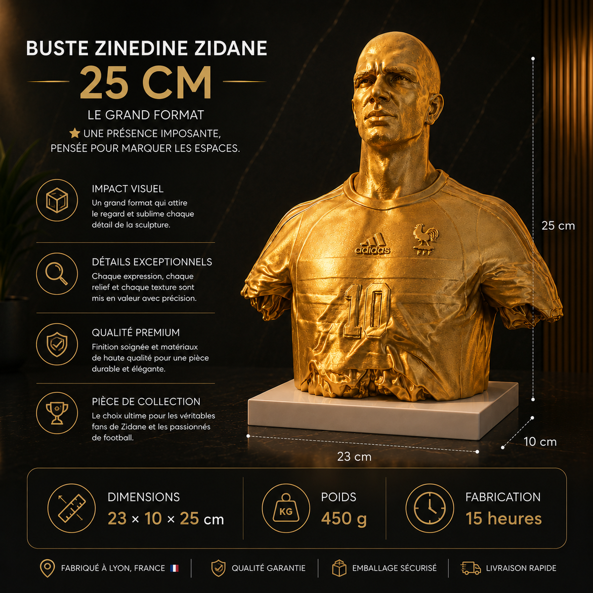 Sculpture Zinedine Zidane 1998 | Art Voronoi | Icône du Football | 15–25 cm