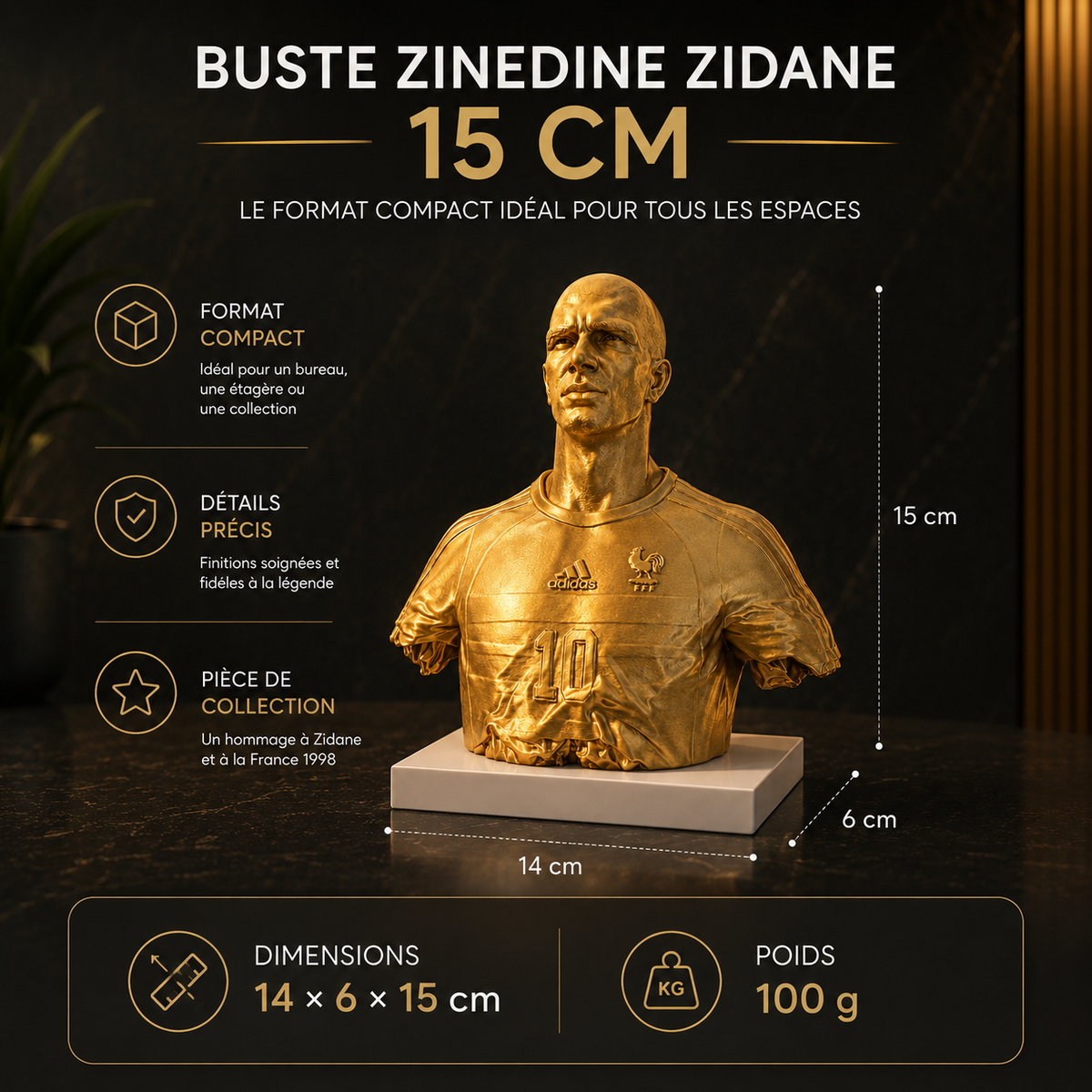 Sculpture Zinedine Zidane 1998 | Art Voronoi | Icône du Football | 15–25 cm