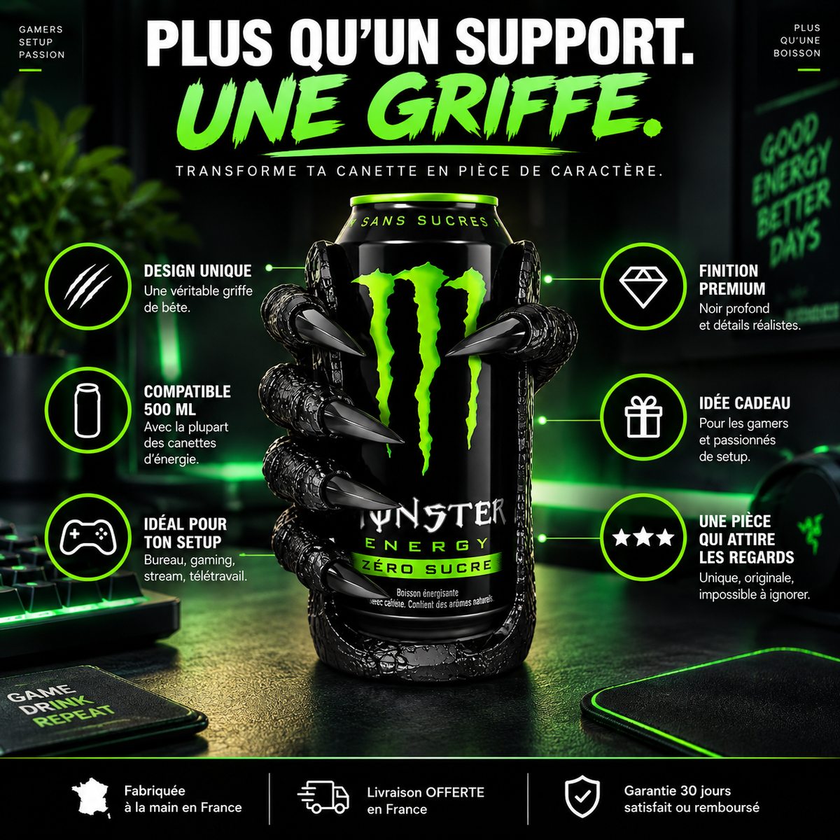 Support Canette « La Griffe » — Design Gamer Unique | 500 ml