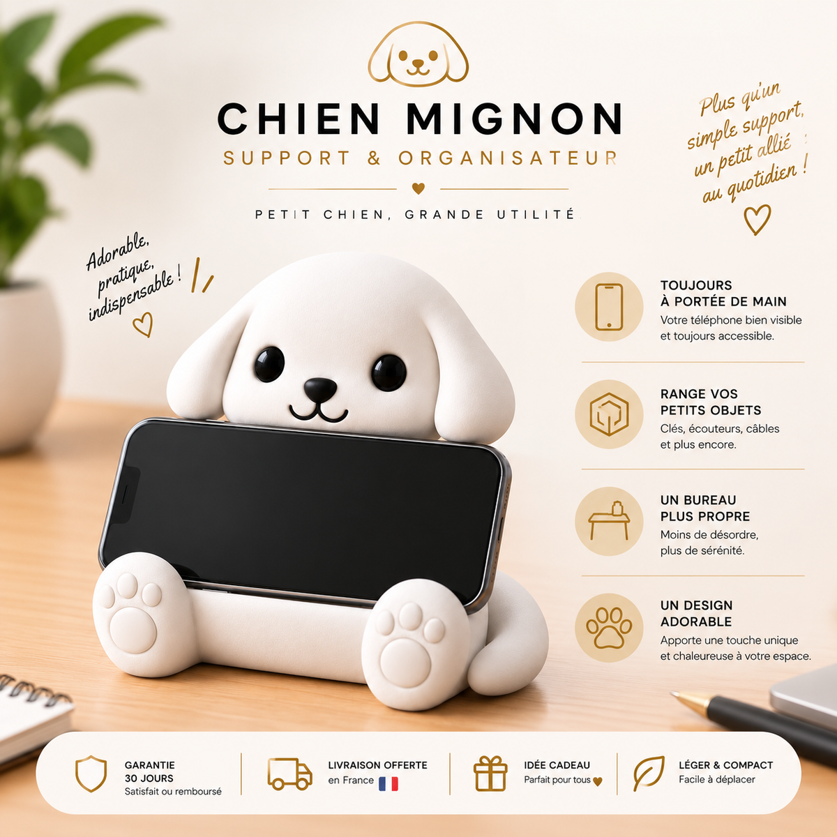 Puppy Mignon | Support Téléphone Universel & Organisateur