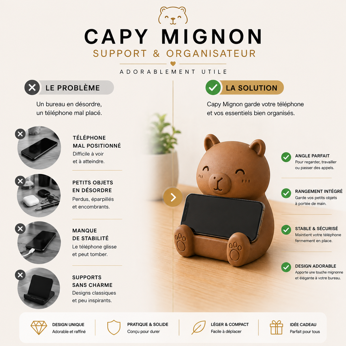 Capy Mignon | Support Téléphone Universel & Organisateur
