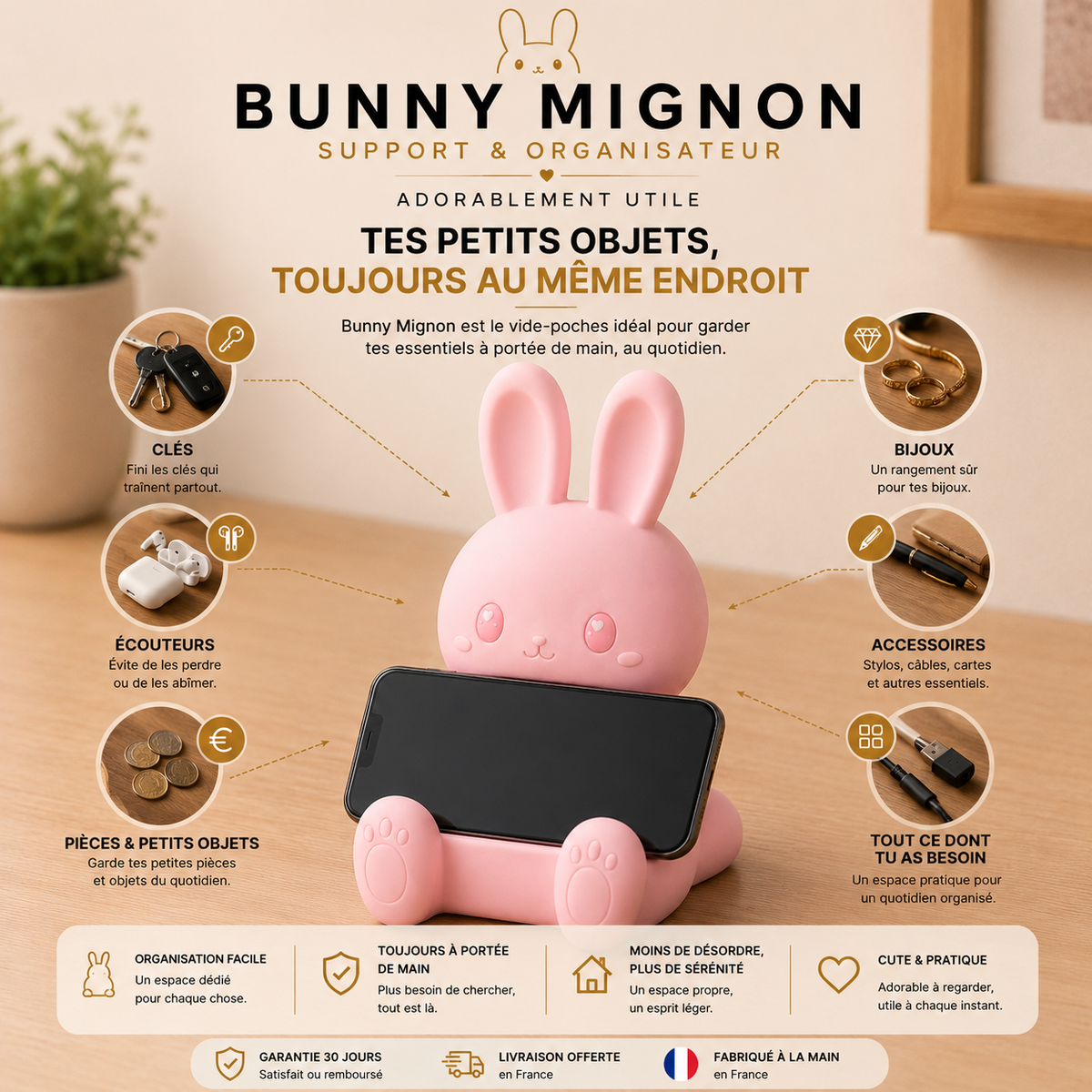 Bunny Mignon | Support Téléphone Universel & Organisateur
