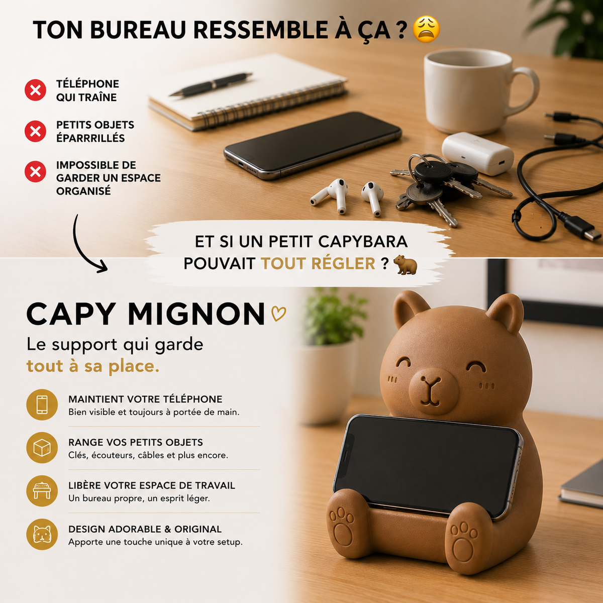 Capy Mignon | Support Téléphone Universel & Organisateur