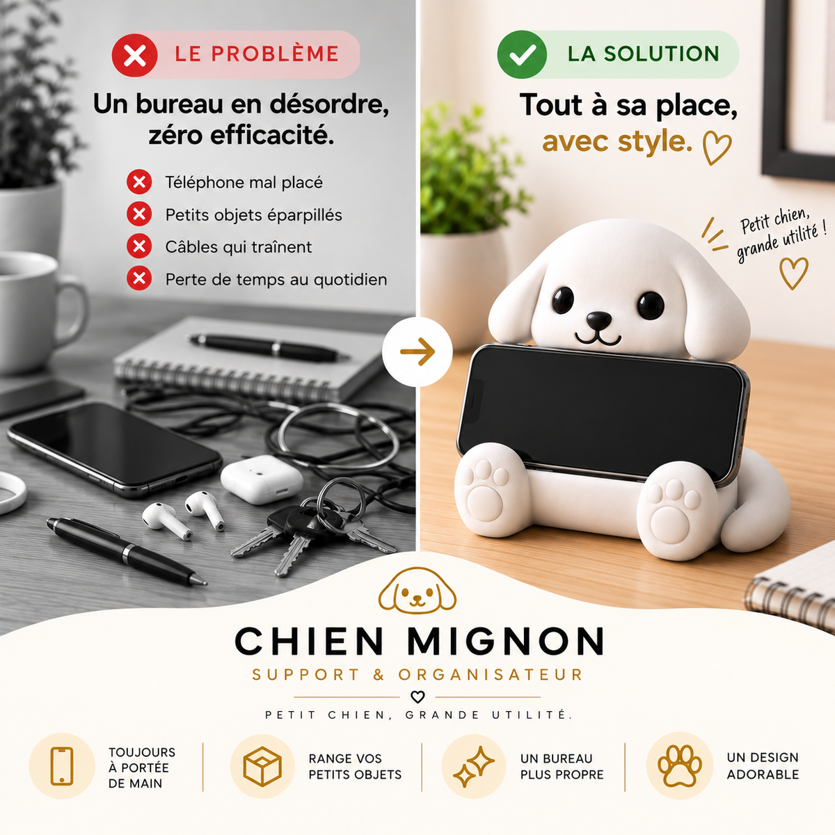 Puppy Mignon | Support Téléphone Universel & Organisateur