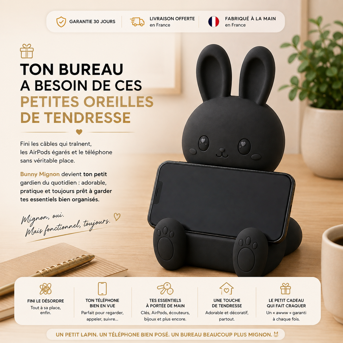 Bunny Mignon | Support Téléphone Universel & Organisateur