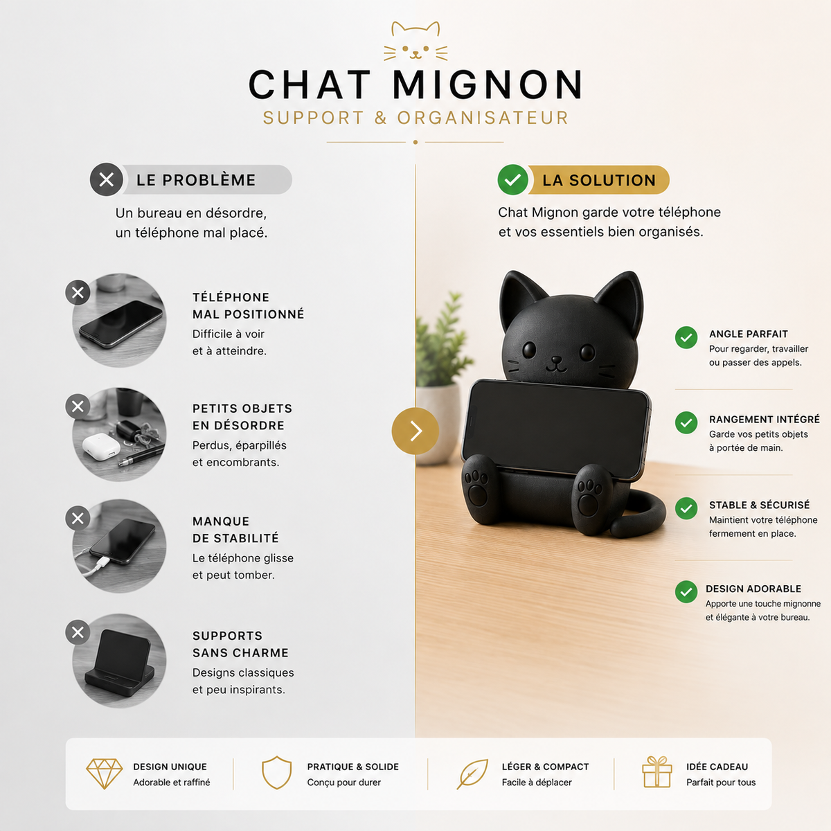 Chat Mignon | Support Téléphone Universel & Organisateur